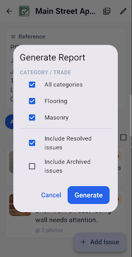 Generate report dialog with category and status filters