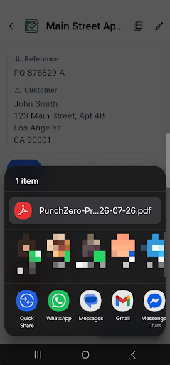 Share sheet for the generated PDF punch list