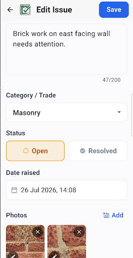 Edit issue screen with defect description, trade category and status toggle